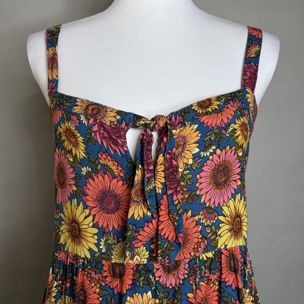 Natural Life Patti Maxi Dress L Teal Sunflower Tie Front Empire Waist Side Slit - Picture 6 of 9